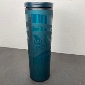 Starbucks Travel Mug 16 oz 2021 Holiday Teal Ribbon Plastic Etched Used